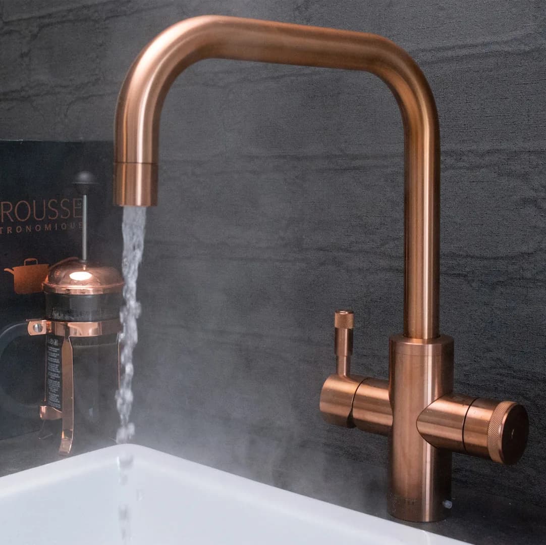 A QETTLE Signature Modern boiling water tap in copper, square spout